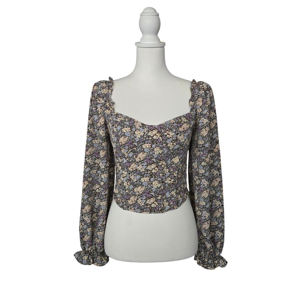 Cottage Feminine Floral Balloon Sleeve Corset Top Small Ruffle Boning ASTR
